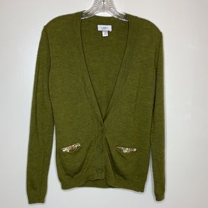 LOFT Cardigan Sweater Marino Wool Blend Chartreuse Sequin Pockets Button Front